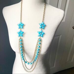 Turquoise/blue floral long chain beaded necklace